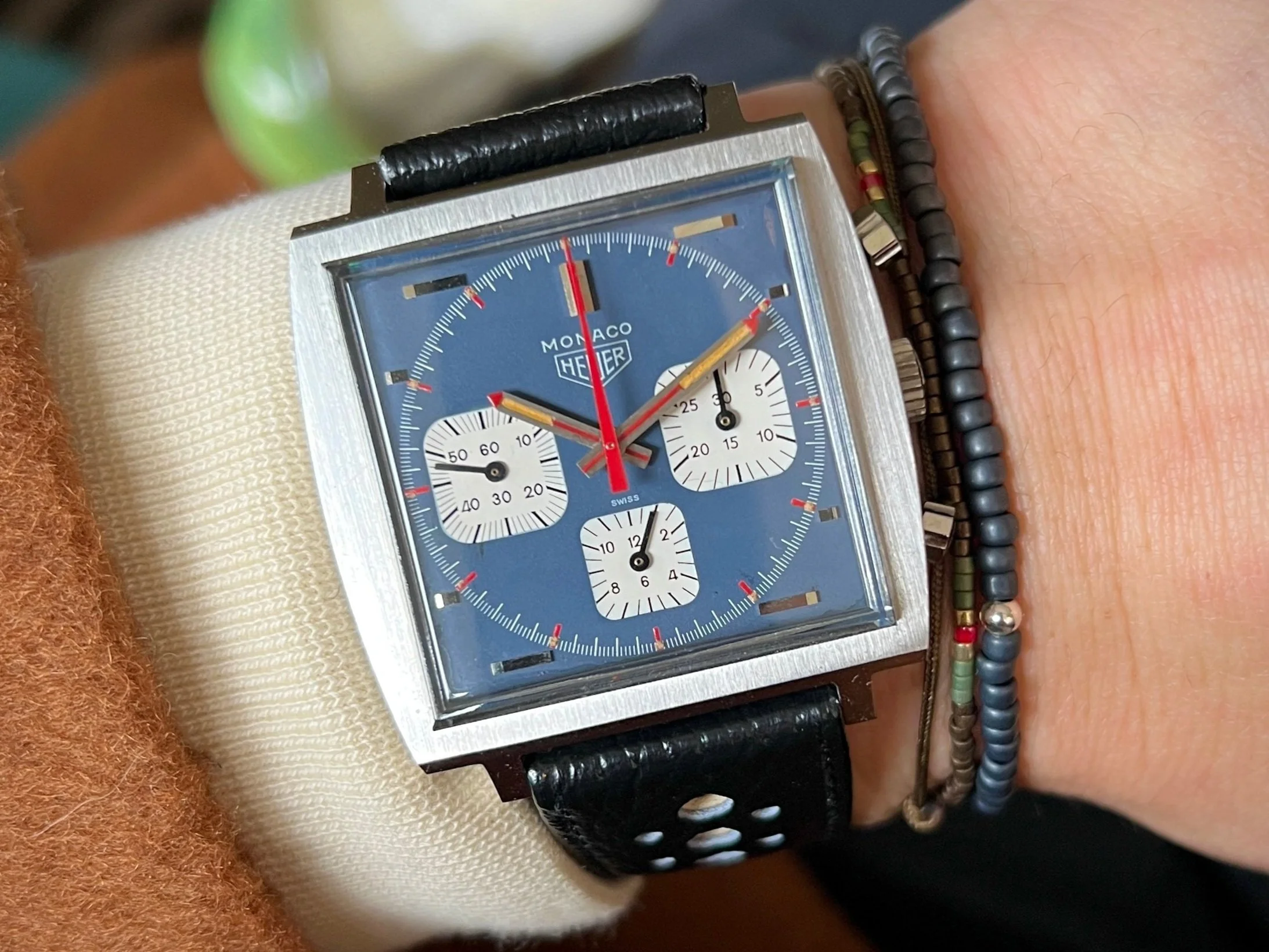 1972 Heuer Monaco 73633B Blue Manual Chronograph — Shiny Happy Objects